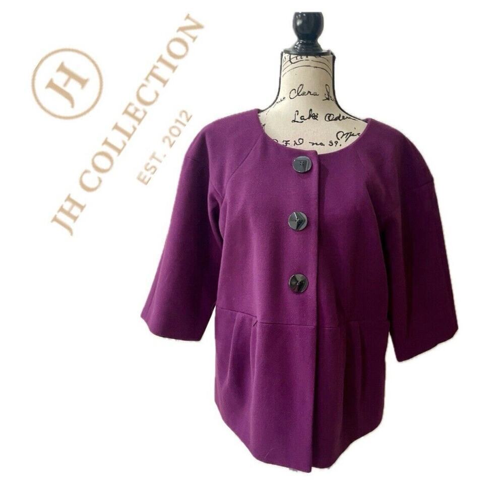 JH COLLECTION COAT 3/4 PEACOAT CROPPED CRANBERRY PURPLE SZ 1X MINIMALIST CHIC